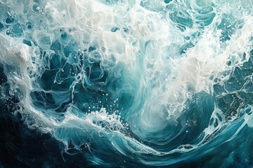 Poster - Abstract painting of swirling ocean waves, teal and white, capturing the dynamic energy of the sea.
