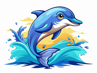 Wall Mural - A vector illustration of a playful dolphin leaping out of water, isolated on a white background