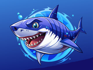 Wall Mural - A high-quality vector of a powerful shark hunting, placed on a solid deep blue background
