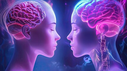 Poster - Digital Art of Two Human Silhouettes with Abstract Brain Connection