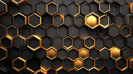Poster - luxury honeycomb pattern with golden outline and dark elegant texture creating a sophisticated and modern abstract hexagonal background