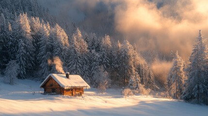 Poster - Soft rays of sunlight filter through towering snow-laden trees, illuminating a charming wooden cabin that exudes warmth