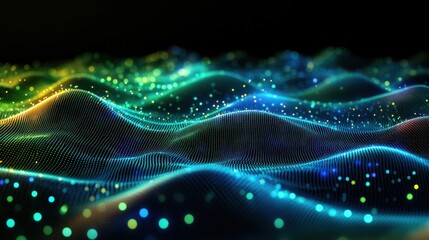 Poster - abstract visualization of data landscape shimmering with vibrant green blue and gold illumination representing technological innovation and connectivity