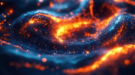 Poster - abstract energy field with glowing particles resembling a digital landscape radiating vibrant warmth amidst a cool blue expanse symbolizing innovation