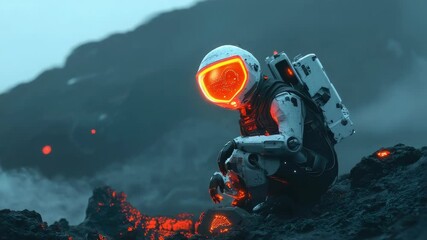 Poster - An astronaut sits on a rocky surface in his spacesuit, possibly taking a break from an expedition.