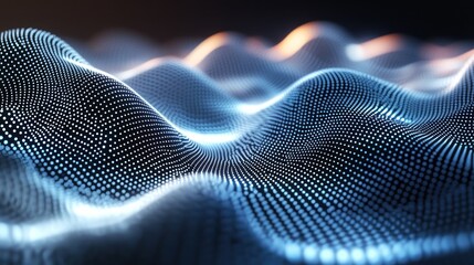 Poster - abstract undulating surface of glowing particles mimicking a digital landscape with soft illumination creating a futuristic and techy aesthetic