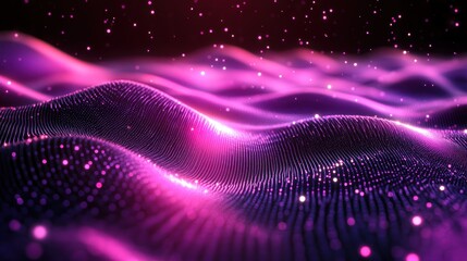 Poster - luminous abstract terrain with glowing particles creating a mesmerizing digital landscape with vibrant pink and purple color gradients