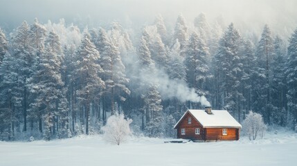 Poster - A charming wooden cabin sits nestled in a vast, snow-covered forest, with gentle plumes of smoke rising from its chimney. Tall trees, blanketed in white, create a serene winter ambiance