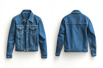 Poster - Cobalt teal denim jacket viewed from front and back against an ivory background showcasing casual style and versatility