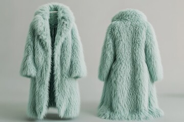 Poster - Long sky-green fur coat for luxury fashion collection 2025 displayed from front and back on gray background