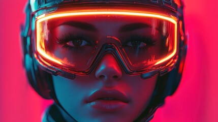 Poster - portrait of futuristic woman wearing neon lit helmet and goggles with serious gaze showcasing cyberpunk aesthetic and advanced technology
