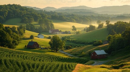 Aufkleber - Breathtaking farm landscape unfolds under the soft glow of the morning sun, showcasing lush green hills and quaint farmhouses nestled among the fields, creating a tranquil rural ambiance
