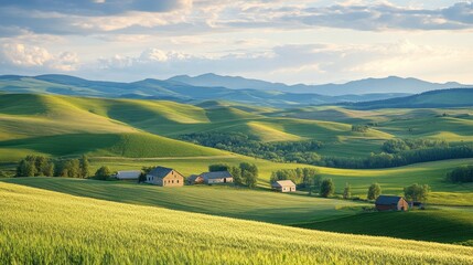 Aufkleber - Golden sunlight bathes rolling hills and lush fields as quaint houses nestle among the greenery. The serene landscape hints at a tranquil farming life, inviting exploration of nature's beauty