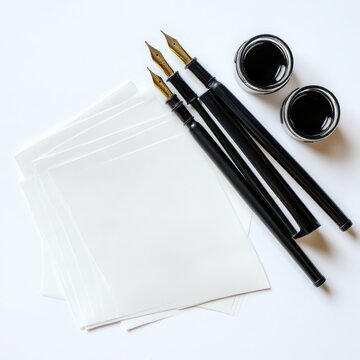 Calligraphy combo set like pens, ink, and guide sheets, isolated with white background