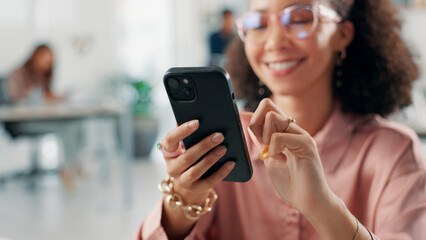 Poster - Business, woman and hands with phone in office for editor feedback, reading email or check online blog. Journalist, employee or scroll on smartphone for publication schedule, internet search or happy