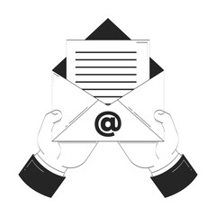 Poster - Hands holding open email envelope with document doodle outline illustration. Digital correspondence and communication mail 2D vector drawing sketch isolated on white. Monochrome clip-art handdrawn
