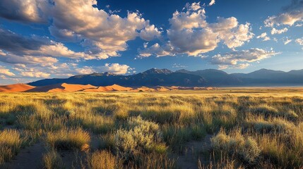 Poster - Expansive desert terrain captivates the eye, showcasing rolling sand dunes framed by distant mountains and a stunning sky filled with fluffy clouds during a vibrant sunset