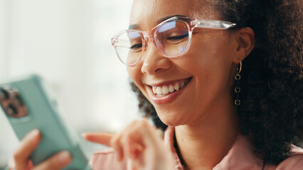 Poster - Business woman, happy or typing with phone in office for text message, mobile chat or reading digital news. Professional, employee or scroll on smartphone for work break, check notifications or email