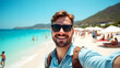 © Danish - Vibrant travel selfie of a stylish young man with sunglasses and a backpack, smiling confidently on a sunny tropical beach