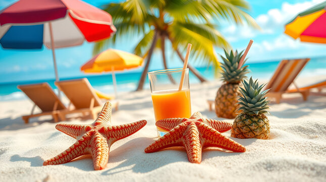 Start of Summer, June 21, Summer Begins, summer arrives Friday, summer solstice, World Tour Day, Beach Landscape, Beach Elements on Sand of Beach, Generative Ai