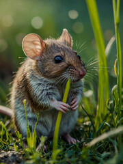 Wall Mural - Close-up of a cute mouse sitting in green grass with large eyes.