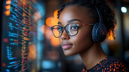 Programmer with glasses & headphones views code on screen