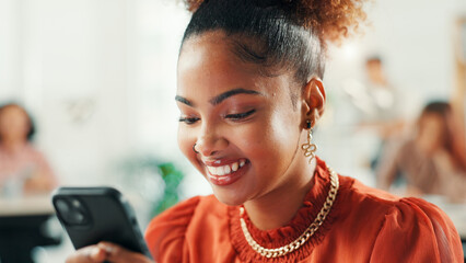Poster - Business, woman and smile with phone in office for text message, mobile chat and reading online news. Journalist, african person and smartphone for editor feedback, checking notifications or schedule