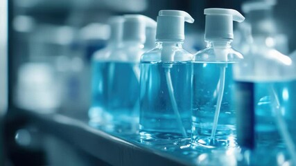 Poster - Conveyor belt with rows of blue liquid bottles, industrial setting.