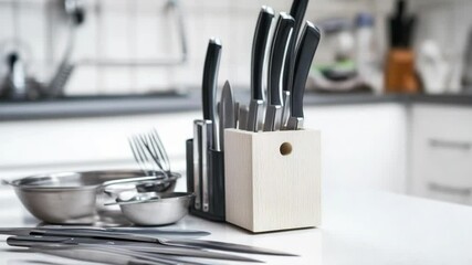 Poster - A kitchen counter with various kitchen utensils, including a knife, ready for use.