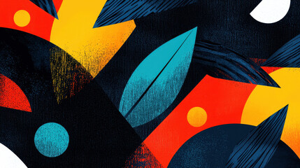 Poster - Vibrant Abstract Illustration with Bold Colorful Patterns of Teal Orange and Yellow Organic Shapes Against a Dark Background for Artistic Projects