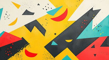 Poster - Vibrant Abstract Geometric Illustration with Central Negative Space for Text or Featu Shapes in Red, Yellow, Teal, and Black Tones