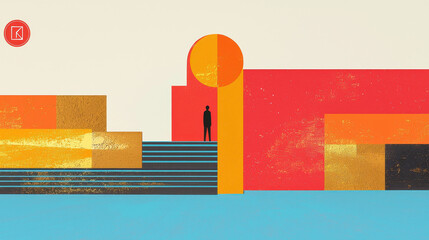 Poster - abstract geometric illustration depicting silhouetted figure on stairs before a stylized building wi