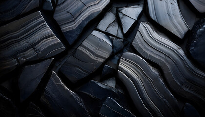 Poster - Textured black stone slabs arranged irregularly, showcasing natural patterns and contrasts in color and light
