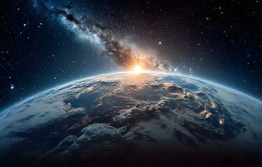 Wall Mural - panoramic view of the earth, sun, star and galaxy. sunrise over planet earth, view from space.