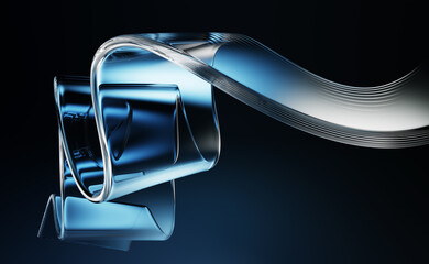 Poster - 3d abstract liquid glass transparent tape wave line on dark blue background. Render fluid flow curve shape, water ribbon in neon light on black bg. Graphic design digital technology. 3D illustration