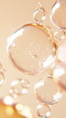 Poster - Close-up shot of translucent spherical bubbles floating in a light beige background showcasing their glistening, reflective surfaces and subtle internal details creating an