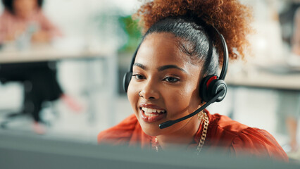 Poster - Headset, woman and secretary in office with online appointment setting, schedule or support. Audio tech, consultation and female virtual assistant with call for crm integration in workplace.