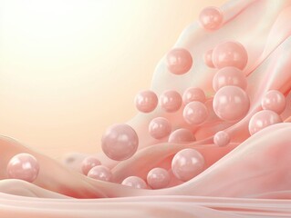 Poster - A soft pink fabric flows gently creating waves with several iridescent pearls floating and cascading down the smooth surface in a dreamy light.