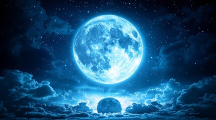 Wall Mural - the night sky appears in a rich blue hue, showcasing a lifelike full moon with a yellow and gray lum
