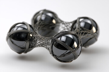 Aufkleber - Three black spheres encased in a dark metallic wire mesh, forming a linked structure, showcasing a sense of connection and modern design