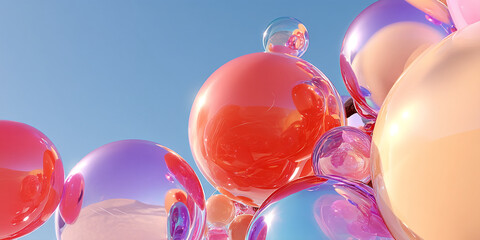 Poster - Abstract image of glossy spheres in pink, orange, and purple hues against a blue sky, creating a vibrant and dynamic composition, showcasing a modern and playful aesthetic