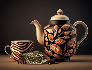an elegant teapot and cup featuring intricate leaf patterns beautifully displayed on a dark backdrop