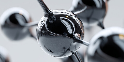 Aufkleber - Close-up of a glossy black sphere connected to others by sleek rods, creating a molecular structure, showcasing scientific concepts, innovation, and technology