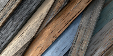 Aufkleber - Diagonal arrangement of various wood planks, showcasing different shades of brown, gray, and blue, displaying rustic texture and natural grain patterns ideal for background or design purposes