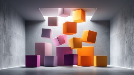 Poster - Vibrant room filled with colorful 3d geometric shapes floating in space creating an artistic and abstract atmosphere