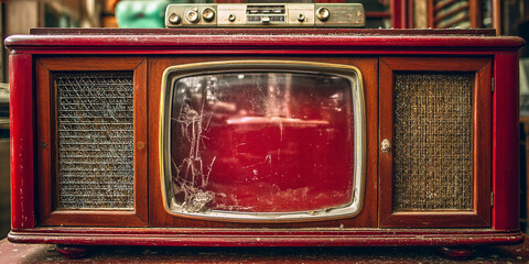 Aufkleber - Vintage wooden television set with red screen and mesh detailing, showcasing nostalgia and retro design aesthetics.  Free space for text or display