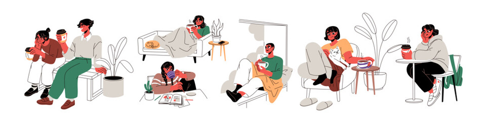 Poster - People with coffee cups and tea mugs in hands, drinking home and takeaway beverages. Characters relaxing indoor on sofa, by window, outdoor. Flat vector illustrations isolated on white background