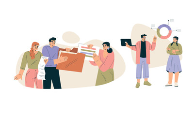 Fototapete - Business Concept with Man and Woman Character Engaged in Workflow Deal with Project Vector Set