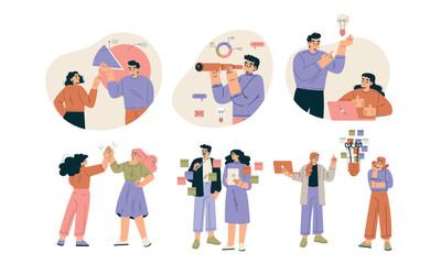 Fototapete - Business Concept with Man and Woman Character Engaged in Workflow Deal with Project Vector Set