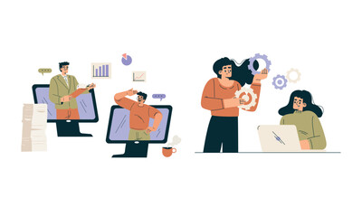 Aufkleber - Business Concept with Man and Woman Character Engaged in Workflow Deal with Project Vector Set